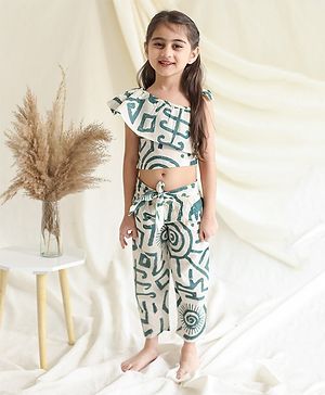 KLINGARU Cotton One Shoulder  Abstract Printed  Top And Pant Set - Beige