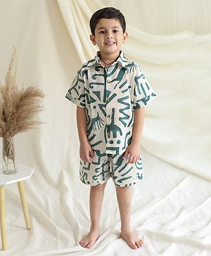 KLINGARU Cotton Half Sleeves Abstract Printed  Shirt And Shorts Set - Beige