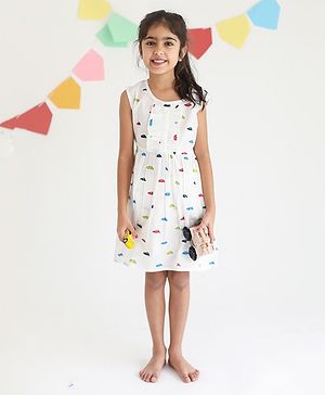 Klingaru Cotton Sleeveless  Car Printed Dress - White