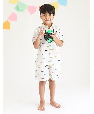 KLINGARU Cotton Half Sleeves Car Printed  Shirt And Short Set - White