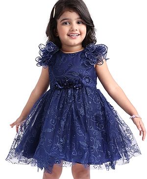 Babyhug Woven Half Ruffle Sleeves Shimmered Fit & Flared Party Frock with Corsage Applique - Navy Blue