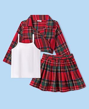 Babyhug Cotton Knit Full Sleeves Checkered Collared Top Skirt & Vest - Red
