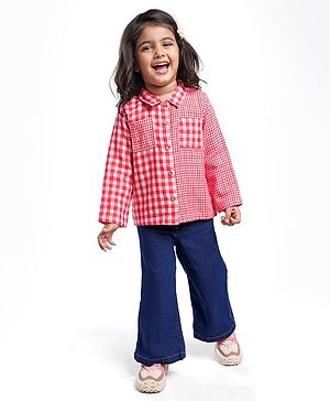 Babyhug Cotton Woven Full Sleeves Checkered Collared Shirt with Wide Legged Denim Jeans - Red & Blue