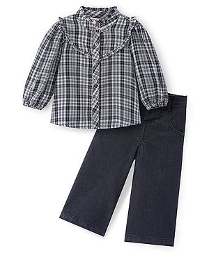 Babyhug Cotton Woven Full Sleeves Frill Detailed Collared Top With Checks & Denim Pant - Black