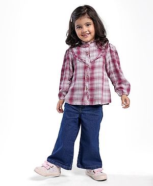 Babyhug Cotton Woven Checkered Collared Top  & Denim Pant Set - Wine & Blue