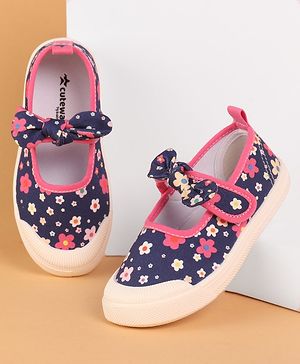 Cute Walk by Babyhug Casual Shoes with Velcro Closure Floral Print and Bow Applique - Navy