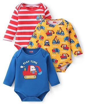 Babyhug 100% Cotton Full Sleeves Onesies Vehicle Print Pack of 3 -Blue Red & Yellow
