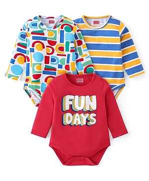Babyhug 100% Cotton Knit Full Sleeves Striped & Text Printed Onesies Pack of 3 - Red & White