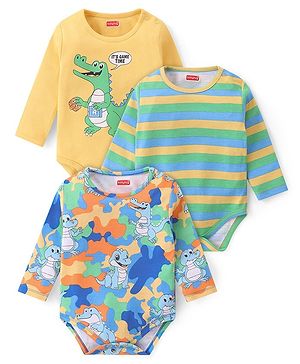 Babyhug 100% Cotton Full Sleeves Onesies Crocodile Print Pack of 3 -Blue Yellow & Green