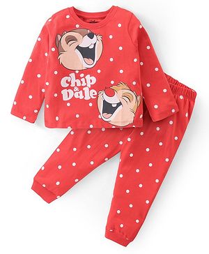 Babyhug Disney Single Jersey Knit Full Sleeves Night Suit With Chip n Dale Graphics - Red