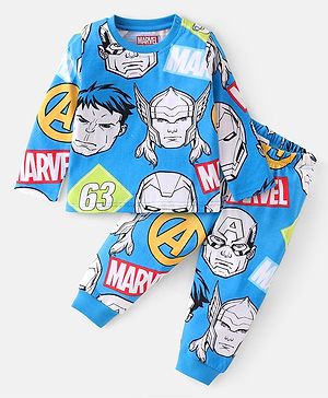 Babyhug Disney Single Jersey Knit Full Sleeves Night Suit With Avengers Graphics - Blue