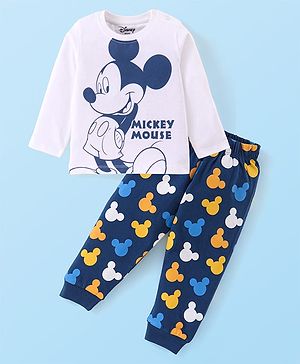 Babyhug Disney Single Jersey Knit Full Sleeves Night Suit With Mickey Mouse Graphics - White & Navy