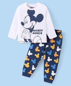 Babyhug Disney Single Jersey Knit Full Sleeves Night Suit With Mickey Mouse Graphics - White & Navy