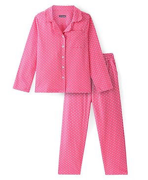 Pine Kids Cotton Knit Full Sleeves Collared Night Suit With Hearts Print - Dark Pink