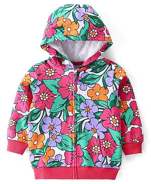 Babyhug Cotton Knit Full Sleeves Hooded Front Open Sweatjacket with Floral Print & Kangaroo Pockets - Pink
