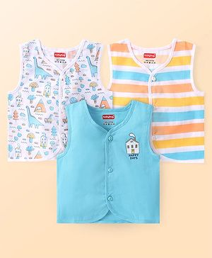 Babyhug 100% Cotton Woven Sleeveless Striped & Dino Printed Jhabla Pack of 3 - White & Blue