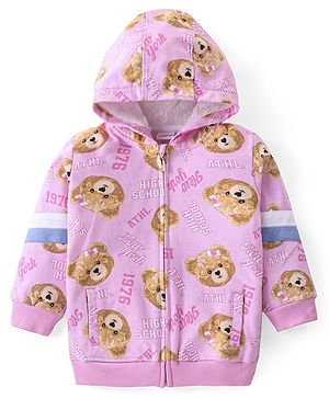 Babyhug Cotton Knit Full Sleeves Hooded Sweatjacket  with Bear Print & Front Zipper - Pink