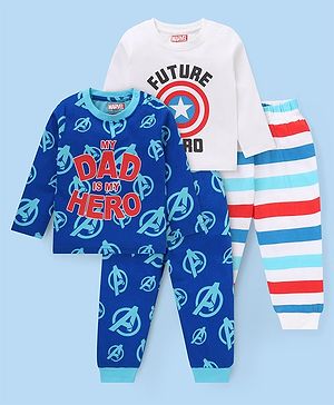 Babyhug Marvel Single Jersey Knit   Full Sleeves Night Suit with Avengers Graphics Pack of 2- White & Navy