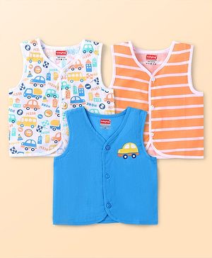 Babyhug 100% Cotton Knit Sleeveless Front Open Jhablas with Striped & Car Print  Pack of 3 - Orange White & Blue