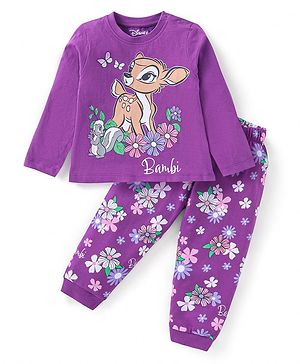 Babyhug Disney Single Jersey Knit Full Sleeves Night Suit with Bambi Print - Purple