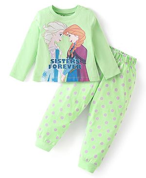 Babyhug Disney Cotton Knit Full Sleeves Night Suit with Elsa & Anna Graphics - Light Green