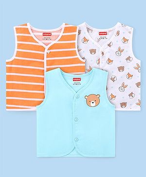 Babyhug 100% Cotton Woven Sleeveless  Jhablas Bunny & Bear Print Pack of 3 - Blue Orange & White