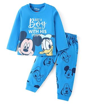 Babyhug Disney Single Jersey Knit Full Sleeves Night Suit With Mickey Mouse & Friends Graphics - Navy
