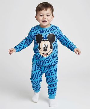Babyhug Disney Single Jersey Knit Full Sleeves Night Suit With Mickey Mouse Graphic - Blue