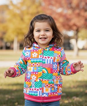 Babyhug Cotton Knit Full Sleeves Front Open Hooded Sweatjacket with Floral Print - Pink