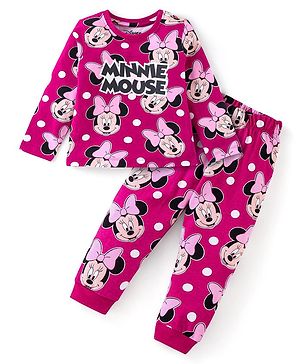 Babyhug Disney Cotton Knit Full Sleeves Night Suit with Minnie Mouse Print - Purple