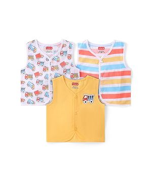 Babyhug 100% Cotton Woven Sleeveless Striped & Vehicles Printed Jhabla Pack of 3 - White & Yellow