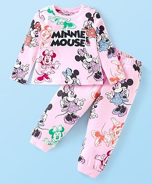 Babyhug Disney Cotton Knit Full Sleeves Night Suit with Minnie Mouse Print - Baby Pink
