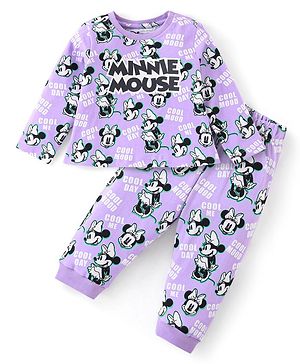 Babyhug Disney Cotton Knit Full Sleeves Night Suit with Minnie Mouse Print - Purple