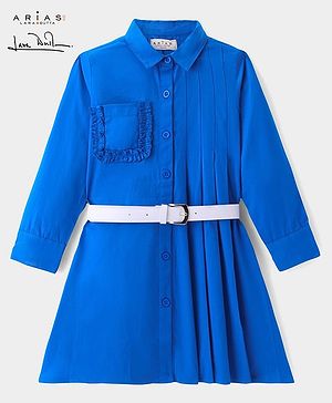 Arias Cotton Twill Full Sleeves Solid Colour Shirt Dress With Braided Belt - Blue