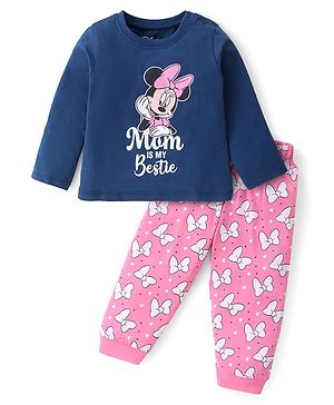 Babyhug Disney Cotton Knit Full Sleeves Night Suit With Minnie Mouse Graphics - Navy Blue & Pink