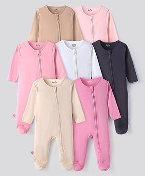 Bonfino 100% Cotton Knit Full Sleeves Footed Front Open Sleepsuits Solid Colour Pack of 7 - Ivory Pink  & Grey