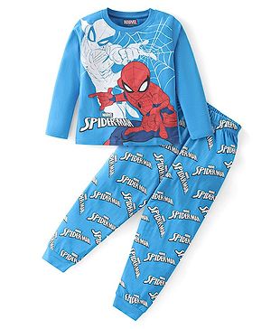 Babyhug Marvel Single Jersey Knit Full Sleeves Night Suit With Spider Man Graphics - Blue