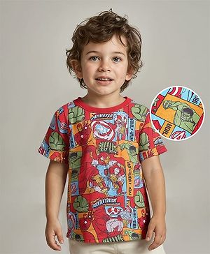 Babyhug Marvel Cotton Knit Half Sleeves Avengers Printed T-Shirt - Multicolour