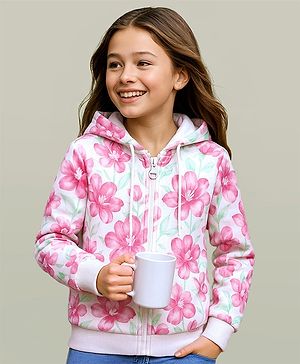 Pine Kids Cotton Knit Full Sleeves Hooded Sweatjacket with Floral Print - White