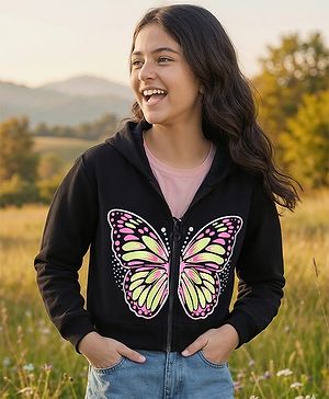 Pine Kids Cotton Knit Full Sleeves Hooded Sweatjacket with Butterfly Print - Black