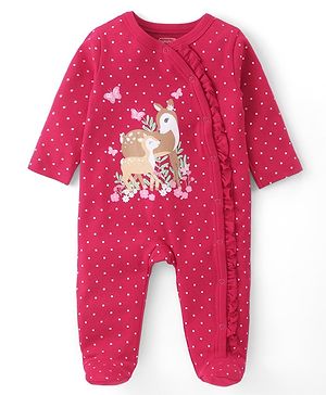 Babyhug Cotton Knit Full Sleeves Sleep Suit With Polka Dots & Deer Print - Dark Pink
