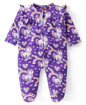 Babyhug Cotton Knit Full Sleeves Sleepsuit Unicorn Print - Purple