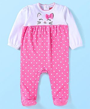 Babyhug Cotton Knit Full Sleeves Sleep Suit With Kitty & Heart Print & Bow Applique - Pink