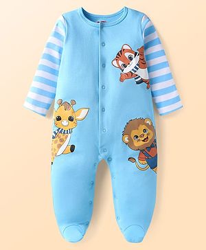 Babyhug Cotton Knit Full Sleeves Footed Sleep Suit With Animal Print- Light Blue