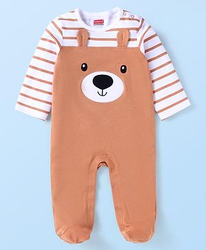 Babyhug Cotton Knit Full Sleeves Striped Sleep Suit With Teddy Bear Print & Ear Applique - Light Brown