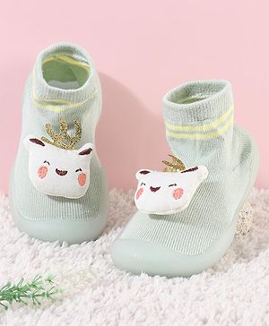 Cute Walk by Babyhug Teddy Applique Slip On Sock Shoes - Green