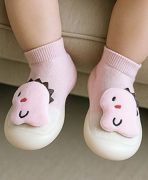 Cute Walk by Babyhug Dino Applique Slip On Sock Shoes - Pink