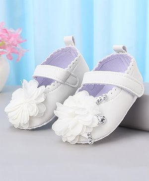 Cute Walk by Babyhug Slip On Booties with Floral Corsage & Velcro Closure - White
