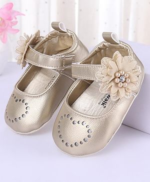 Cute Walk by Babyhug Velcro Closure Floral & Pearl Detailing Ballerina Booties - Gold