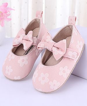 Cute Walk by Babyhug Velcro Closure Floral Printed & Bow Applique Ballerina Booties - Pink